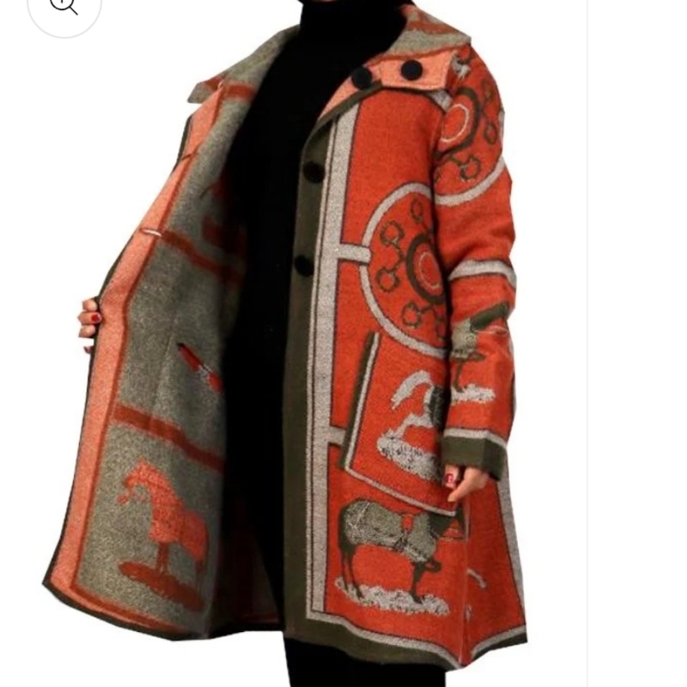 Rust & Gray Horse Motif Long Cardigan Sweater